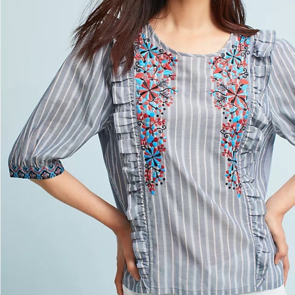 One September “JAYDEN” Embroidered Stripe Top – Anthropologie – Size L